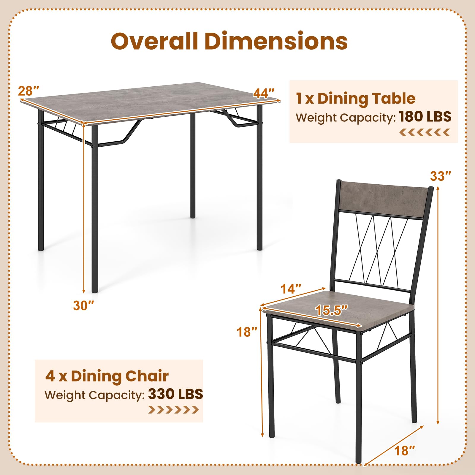 GOFLAME 5-Piece Dining Table Set for 4, Modern Kitchen Table and 4 Chairs Set with Metal Frame, Space-Saving Dinette Set for Dining Room, Living Room, Breakfast Nook, Small Space, Grey