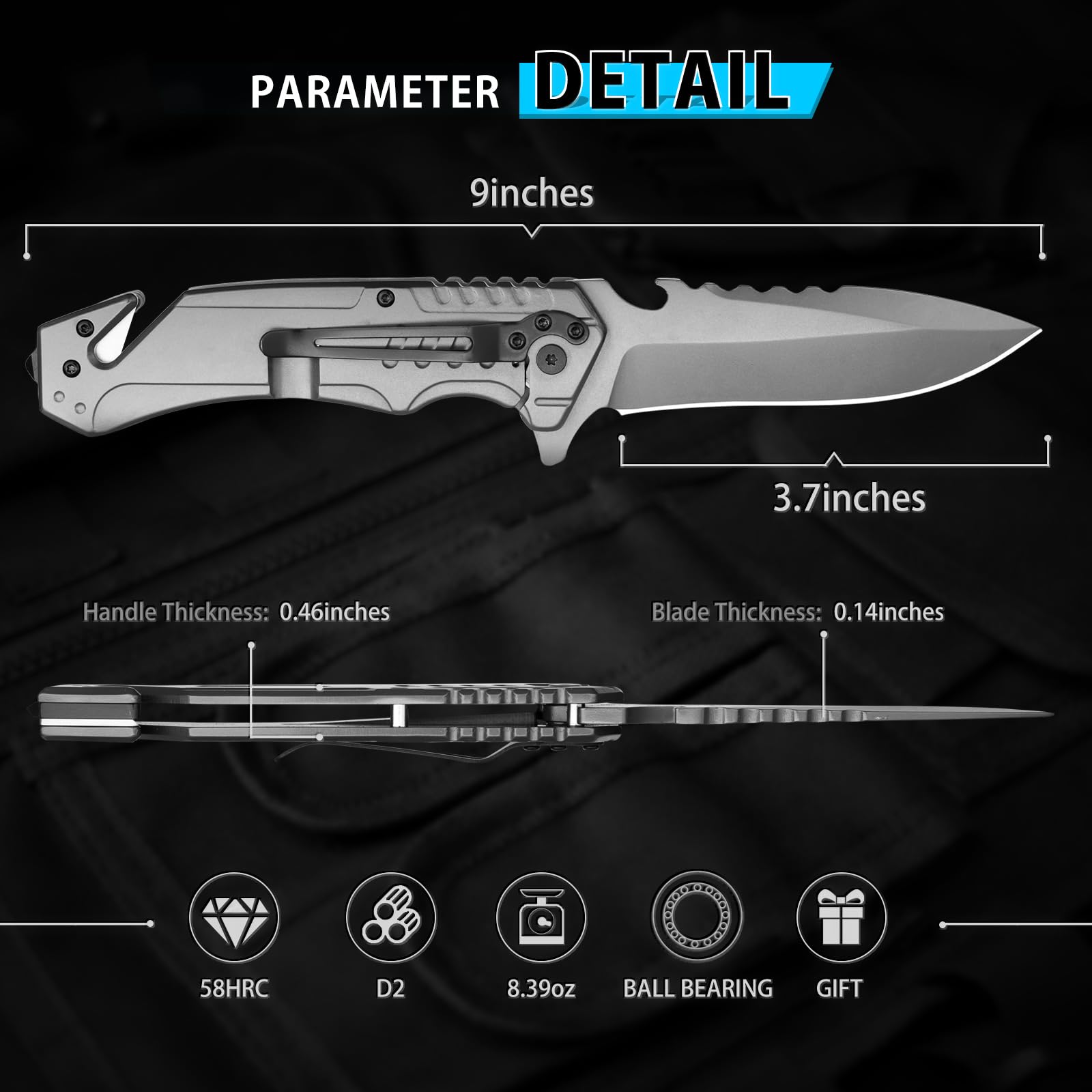 NedFoss T39 Pocket Knife for Men, 3.7" D2 Steel Blade, Frame Lock, 6 in 1 Folding Tactical Knife with Bottle Opener, Glass Breaker, Seatbelt Cutter and Wrench, Belt Clip for Work, Rescue