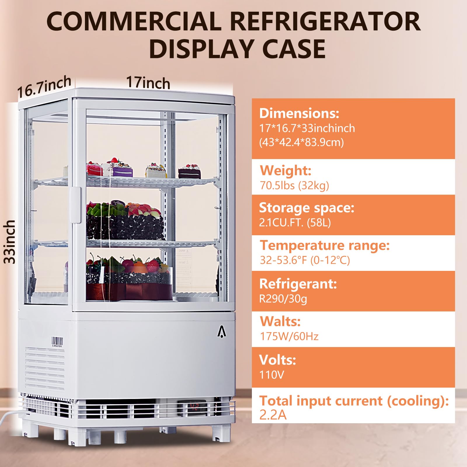 GarveeTech Commercial Refrigerator Display Case 2.1 Cu.FT, Countertop Display Refrigerator, Two Glass Door Display Fridge with LED Lighting, Adjustable Shelves, Double-Layered Glass