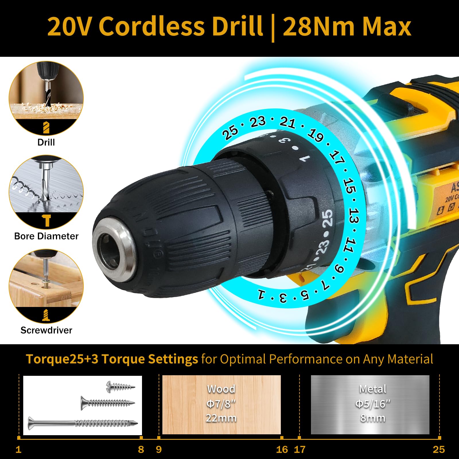 Aseboy Cordless Drill with Battery and Charger, Power Drill Cordless, Electric drill Set with 3/8 Keyless Chuck, 25+3 Torque Settings for Screwdriving, Drilling (1Battery)