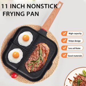 JUSTUP Nonstick Frying Pan,3-in-1 Egg Pan Versatile Divided Grill Pan with Pour Spouts,3 Section Breakfast Skillet Omelette Pan for Stove Tops, PFOA Free (Black), 11 Inch