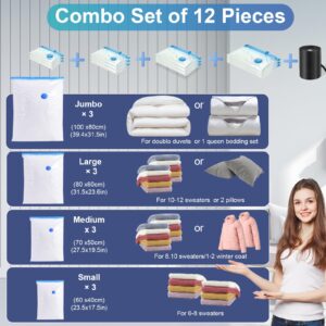 Vacuum Storage Bags with Electric Pump, 12 Combo (3J/3L/3M/3S) Space Saver Sealer Bags, Compression Bags for Comforters, Clothes, Blankets, Coverlet, Quilt, Pillows