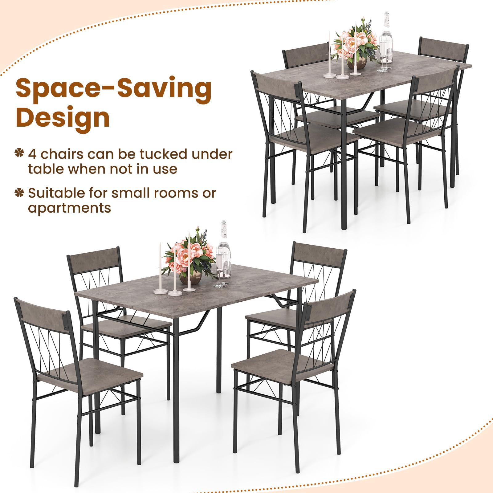 GOFLAME 5-Piece Dining Table Set for 4, Modern Kitchen Table and 4 Chairs Set with Metal Frame, Space-Saving Dinette Set for Dining Room, Living Room, Breakfast Nook, Small Space, Grey