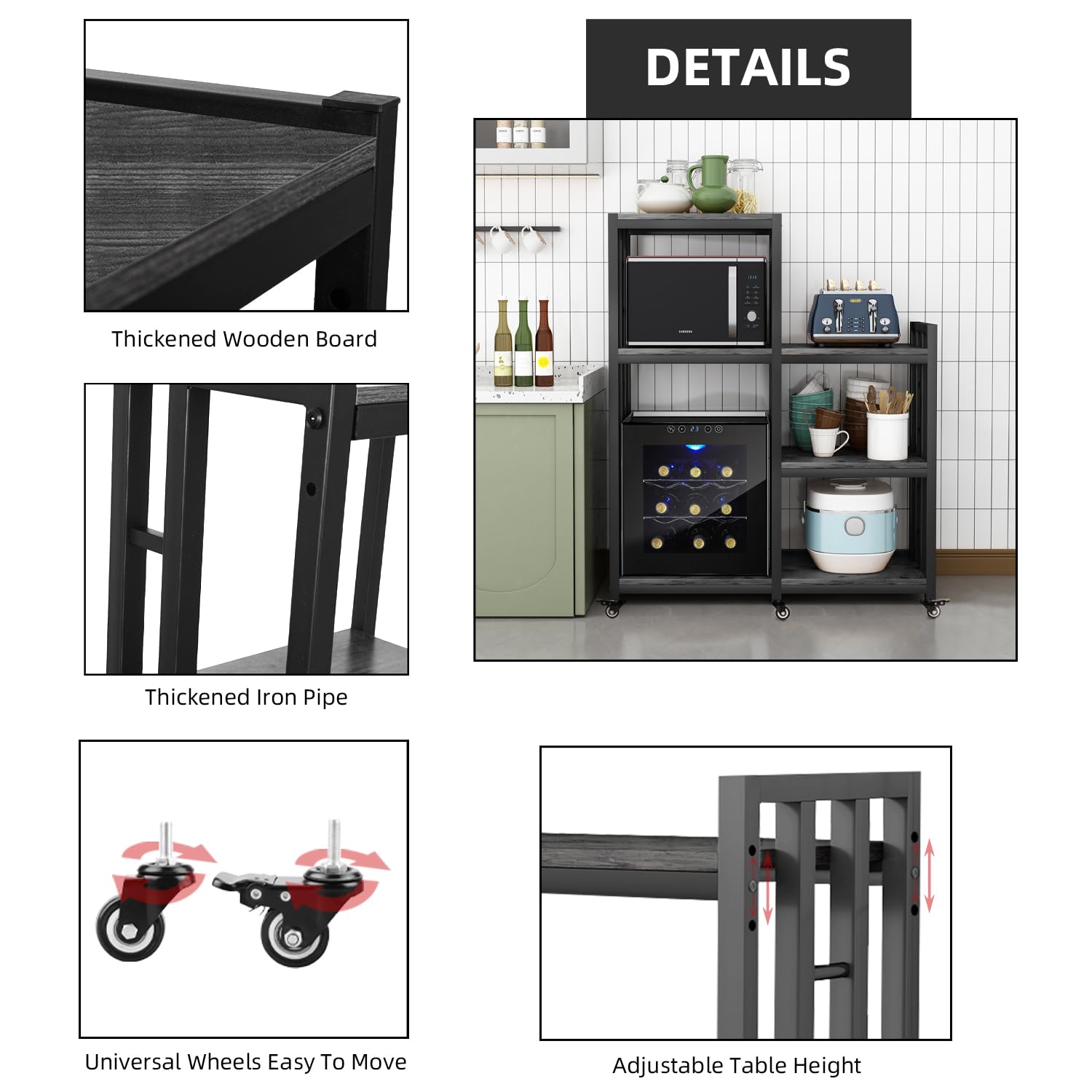 6-Tier Kitchen Bakers Rack, Multifunctional Storage Shelf, Mini Fridge & Microwave Oven Stand Table, Coffee Bar, Adjustable Kitchen Shelves Freestadning (Charcoal Black Wood Grain Print with wheels)