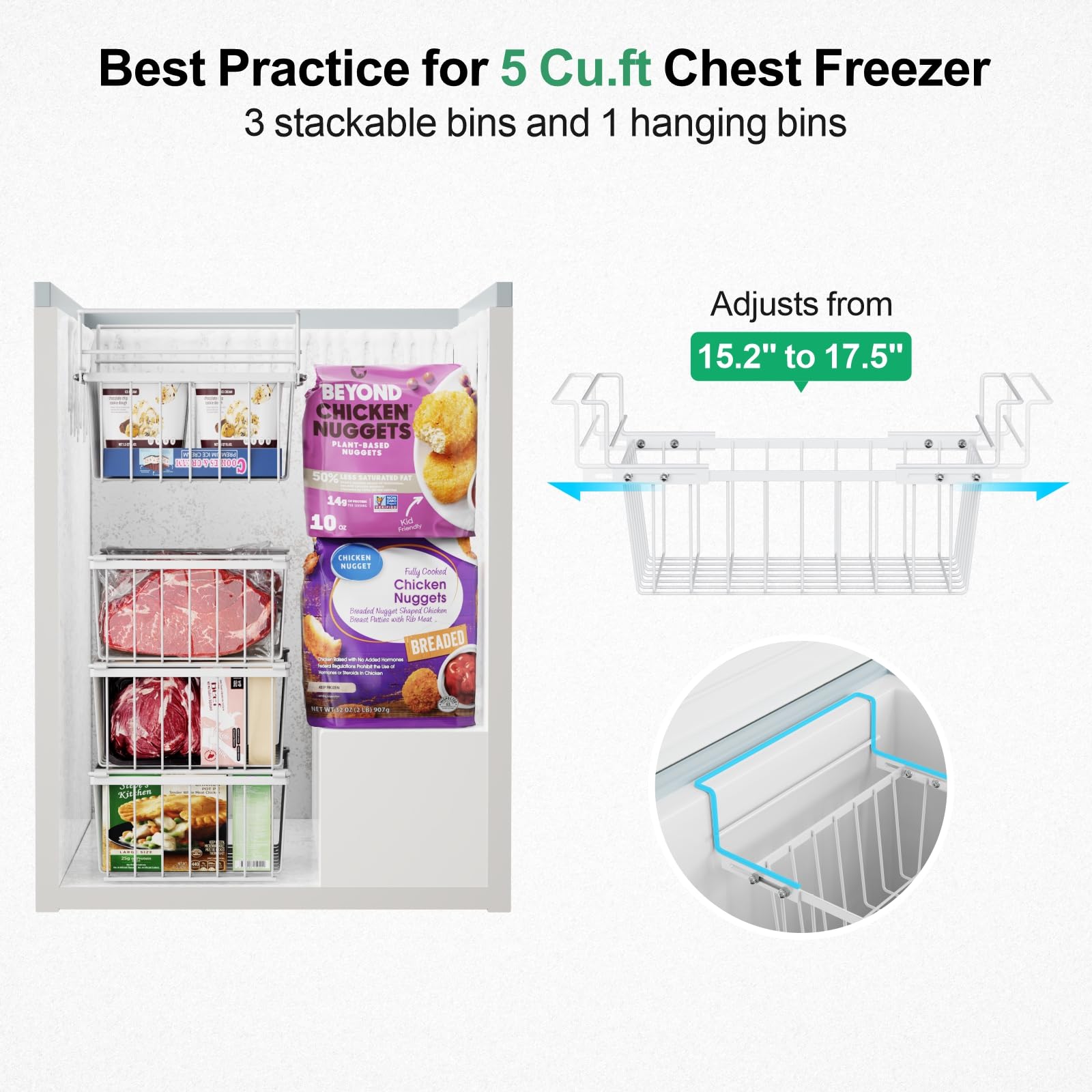 iSPECLE Chest Freezer Organizer - Fit 5 Cu.Ft Deep Freezer, 2 Pack Hanging Organizer Bins with Adjustable Handles, Sort Small Frozen Food, Sturdy Freezer Baskets Easy Slide to Get Bottom Food, White