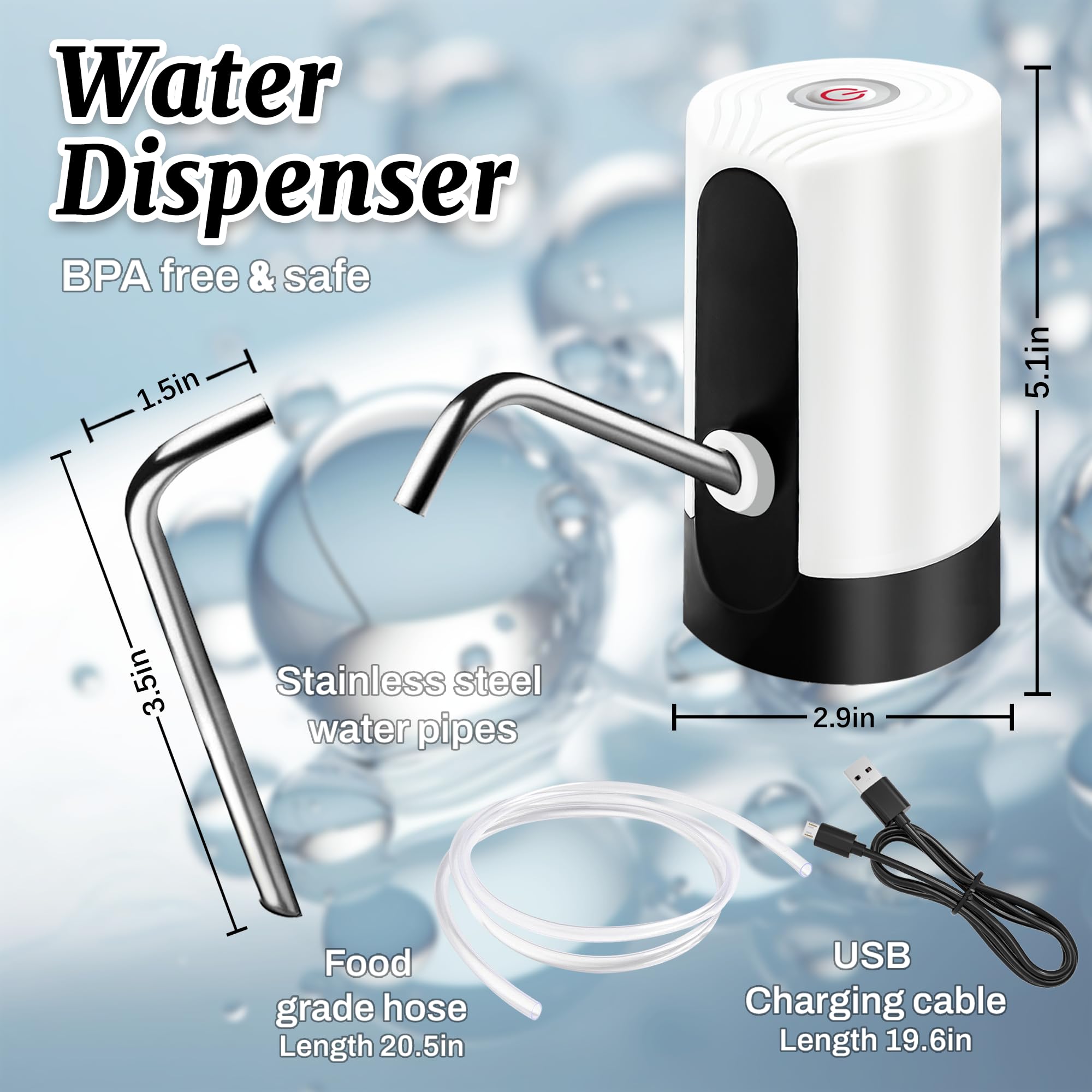 Water Dispenser for 5 Gallon Bottle, Portability Electric Water Pump with USB Data Cable,White Automatic Drinking Water Bottle Pump for Travel, Kitchen, Home, Office