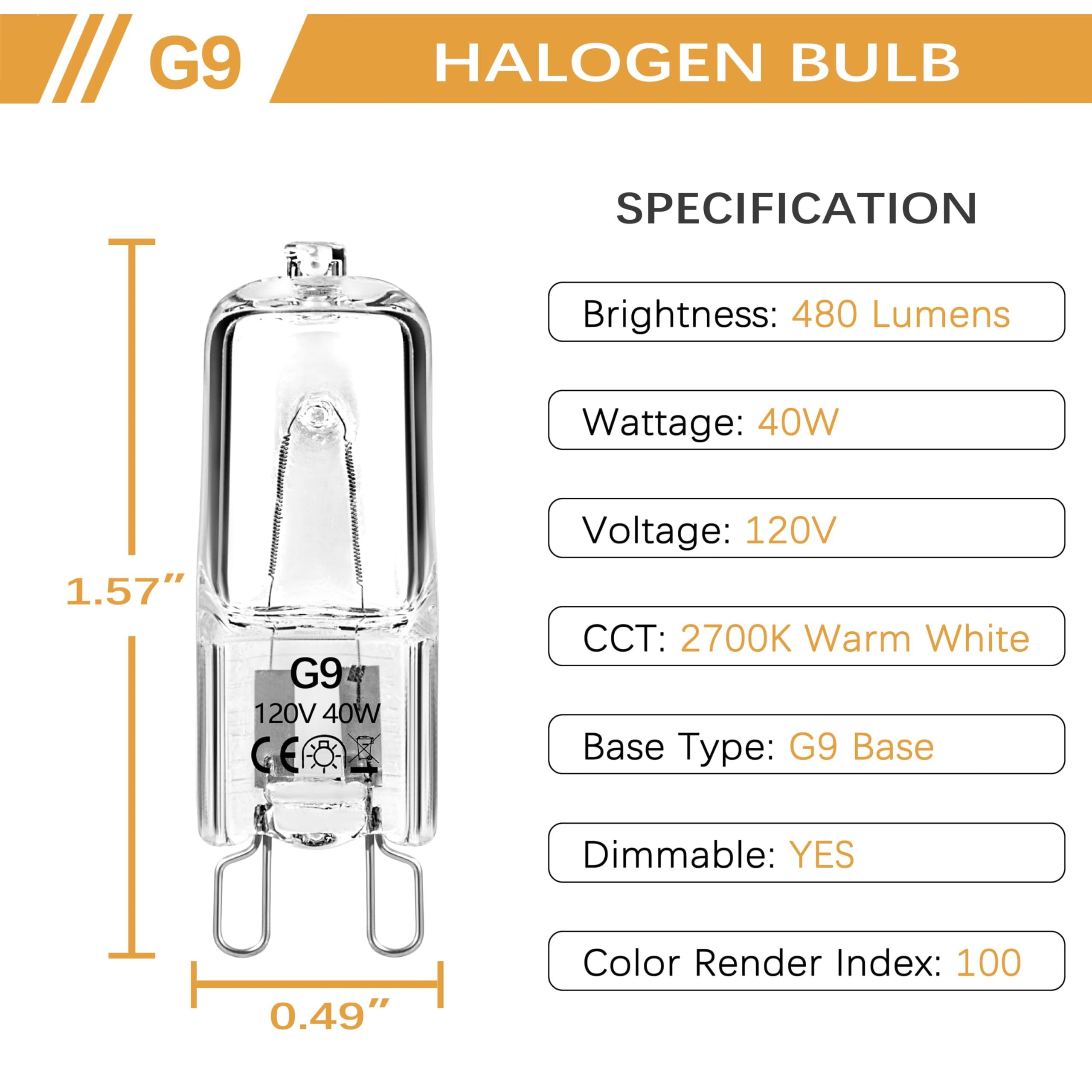 MIARALA G9 Halogen Light Bulbs 40W 120V Warm White 2700K Dimmable 6-Pack, No Flicker