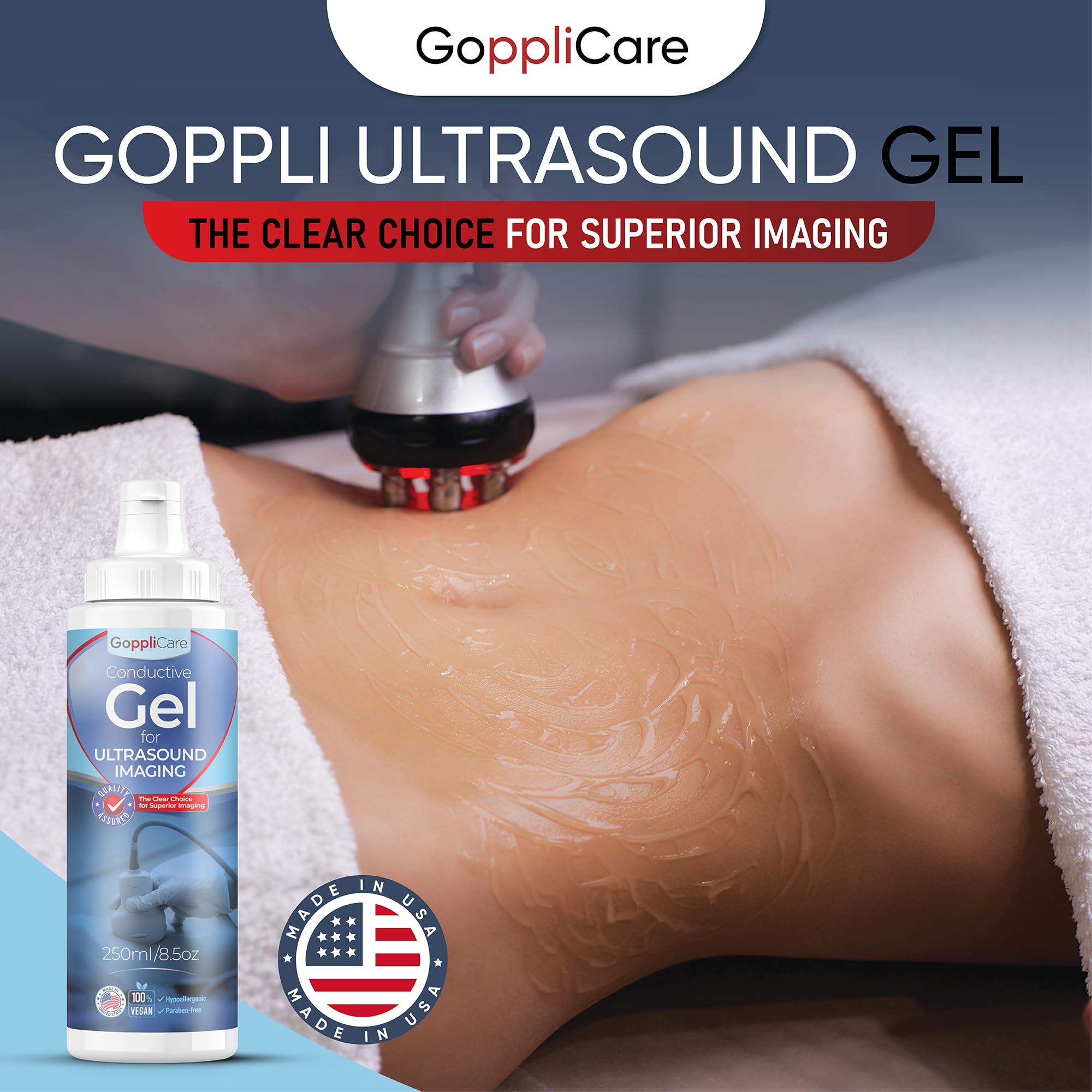 Goppli Medical Imaging & Therapy Ultrasound Gel - 2 Pack, 8.45 fl oz (250mL) Each - Non-Greasy, Unscented, Hypoallergenic - Ideal for TENS Units & Baby Dopplers - Medical Grade Quality, Made in USA