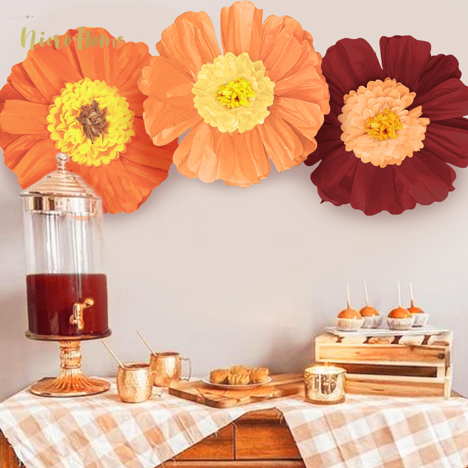 NICROHOME Fall Decorations, 6 PCS Large Dark Red and Orange Crepe Paper Flowers Pom Poms Wall Decorations for Halloween Thanksgiving Retro Rustic Bridal Shower Cutie Baby Shower Holiday Party Supplies