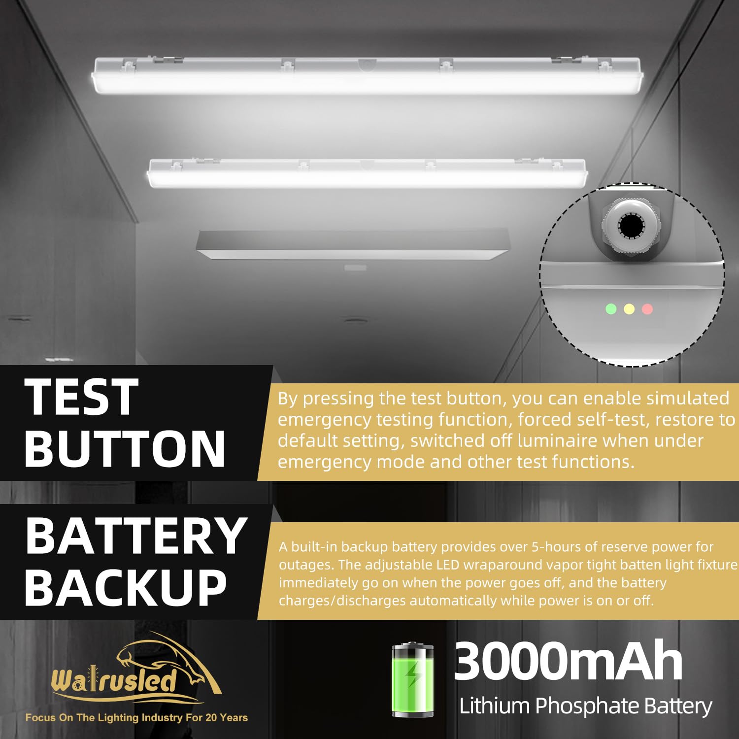 4FT Tri-Level Sensor LED Vapor Tight Emergency Light, Battery Backup, IP65 IK08, 20W(2500lm)/40W(5000lm) Selectable, 5000K, Dimmable, Outdoor Waterproof Shop Light, Vapor Proof Lighting Fixture, FCC