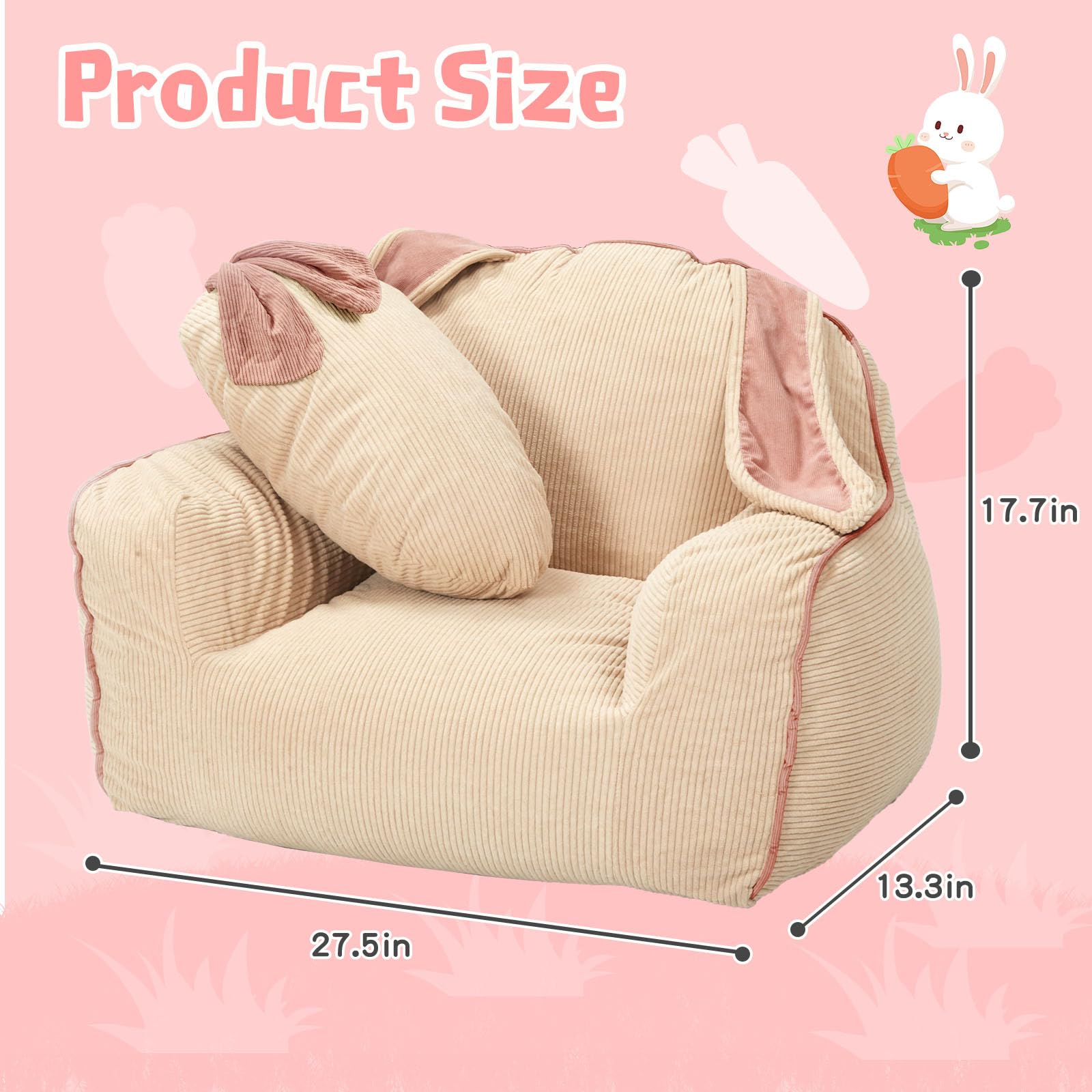 HAHASOLE Rabbit Toddler Sofa, Toddler Bean Bag Chair with Carrot Pillow, Corduroy Kids Armchair, Comfortable Toddler Chair for Boys and Girls