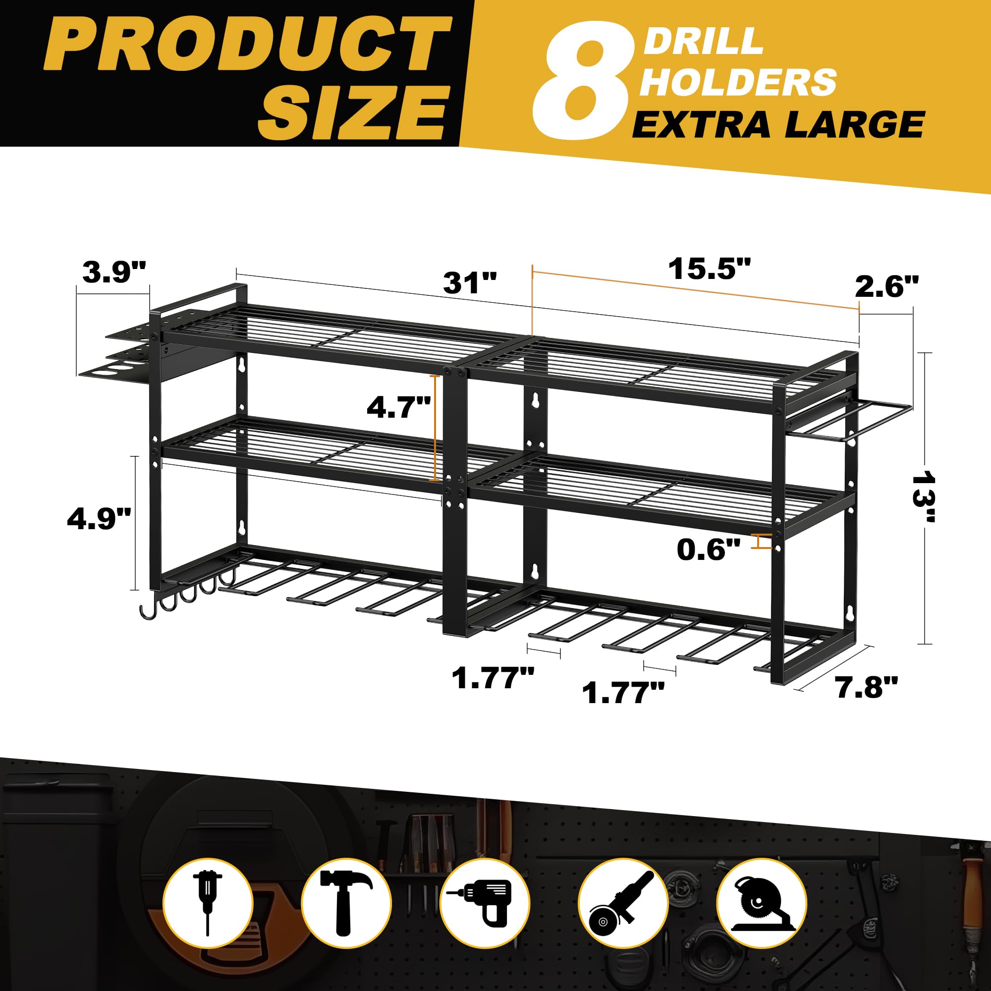 Across-Star Drill Holder Organizer Wall Mount, 3 Layers Hanging Power Tool Organizer, 8 Cordless Drill Storage Rack, Heavy Duty Cordless Tool Organizer Shelf