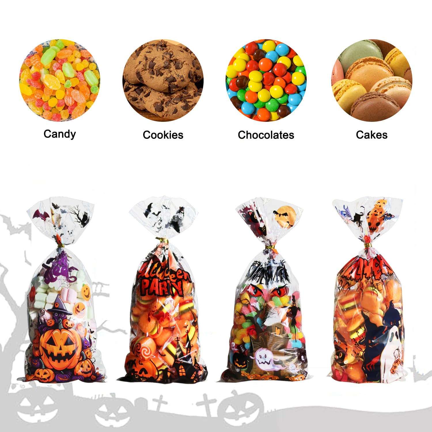 OIIVPWUL 120 Pcs Halloween Treat Bags,Halloween Candy Bags with 130 Pcs Gold and Black Twist Ties,Halloween Goodie Bags for Halloween Party Supply-10.6 * 5.1 inch