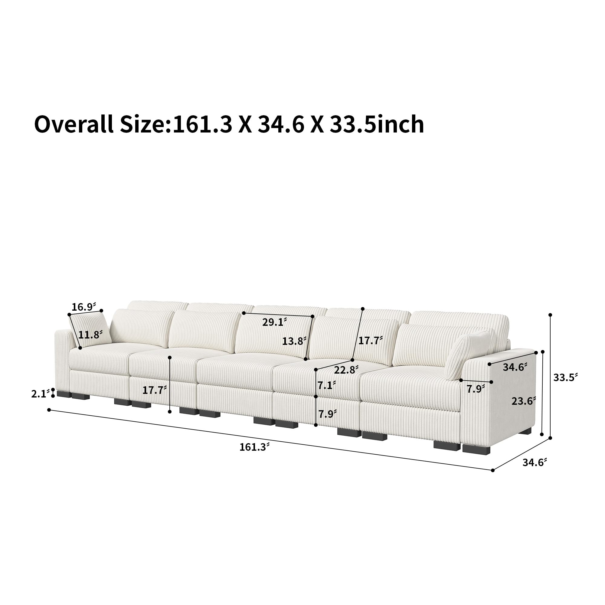 WeaArco 161" Modular Sectional Couch, Cloud Couch Sectional 5 Seater, Corduroy Sectional Sofa with 7 Pillows, 5 Seater Reversable Sectional Couch for Modern Living Room Bedroom Apartment Office, Beige