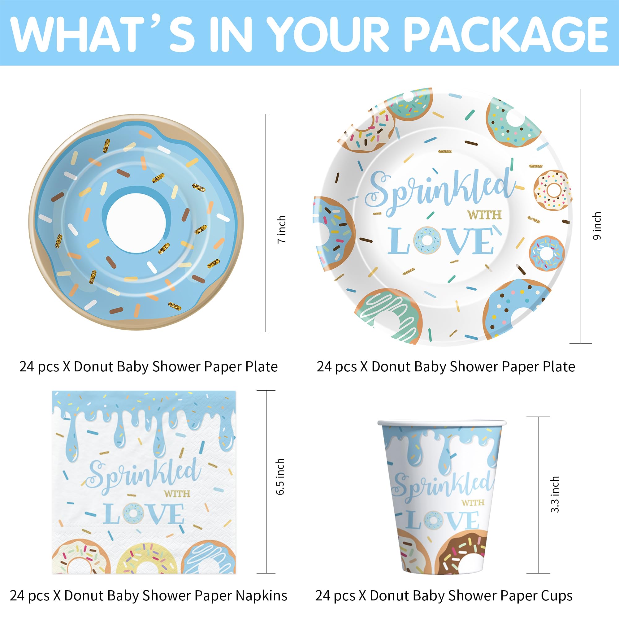 Suhelkit Donut Baby Sprinkle Decorations For Boy - Blue Sprinkled with Love Baby Shower Party Supplies, Plate, Napkin, Cup, Tablecloth, Cutlery, Donut Baby Shower Decorations Tableware, 24 Guests