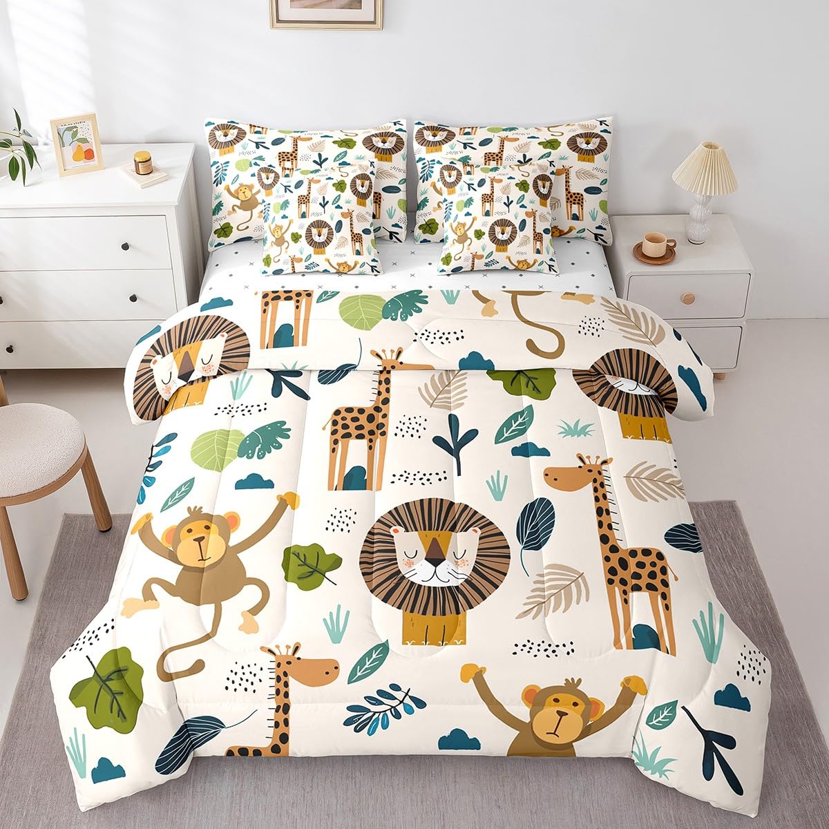 Feelyou Safari Animals 7 Piece Bedding Set Twin, Cartoon Lion Giraffe Comforter Set with Sheets Cute Monkey Bed in a Bag for Kids Nature Wildlife Bed Set