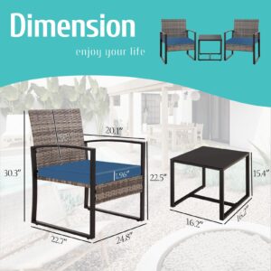 3 Piece Outdoor Patio Bistro Set, Wicker Table and Chairs Set of 2, All-Weather Rattan Balcony Furniture Set for Front Porch Apartment, Grey/Blue