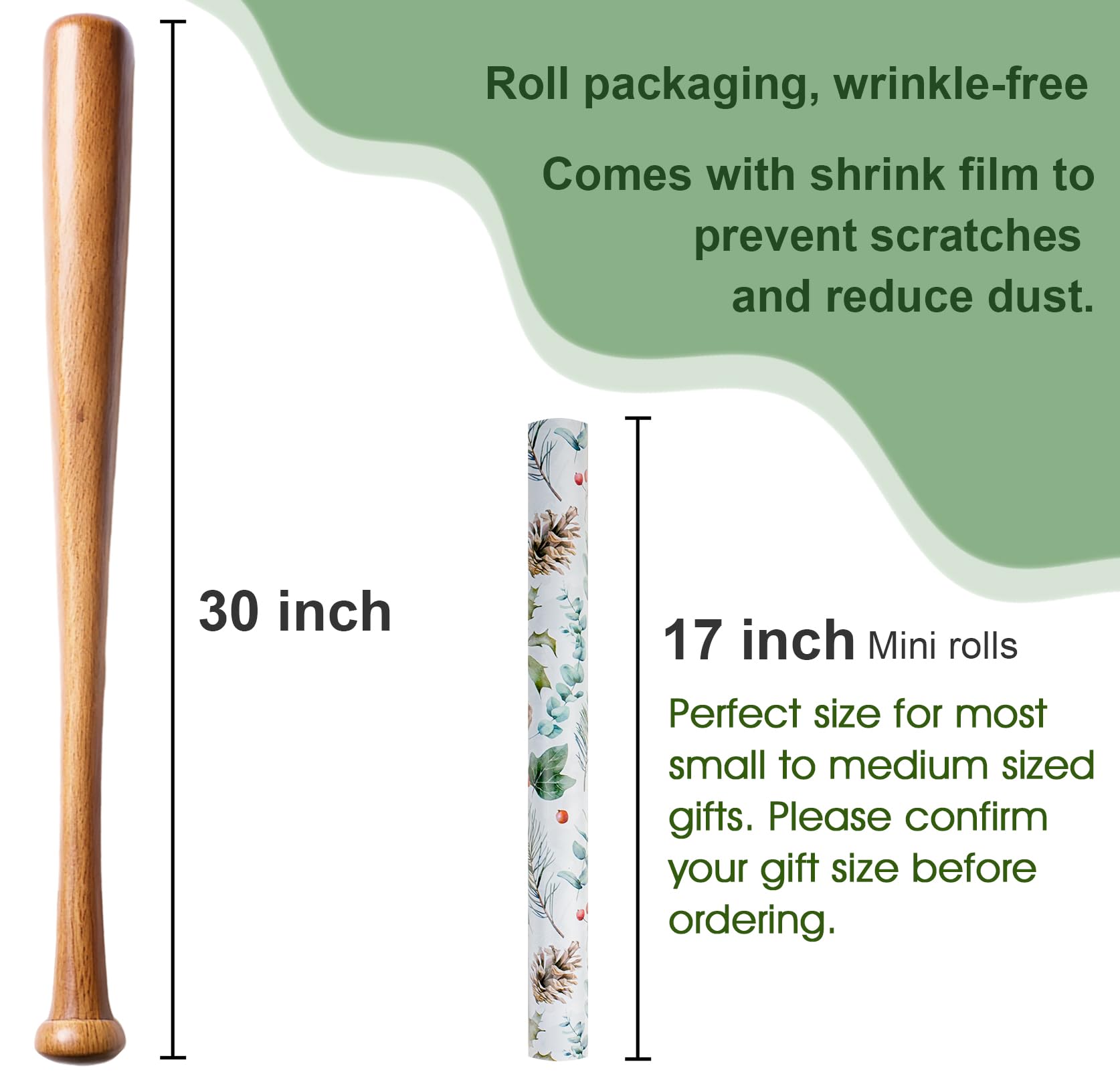 Afucus Christmas Wrapping Paper, Mini Rolls, Christmas Pine Cones, Holly Leaves, Red Berries, Merry Christmas Gift Wrapping Paper Rolls for Christmas, Party, Birthday, Holidays (17 Inch X 33 Feet)