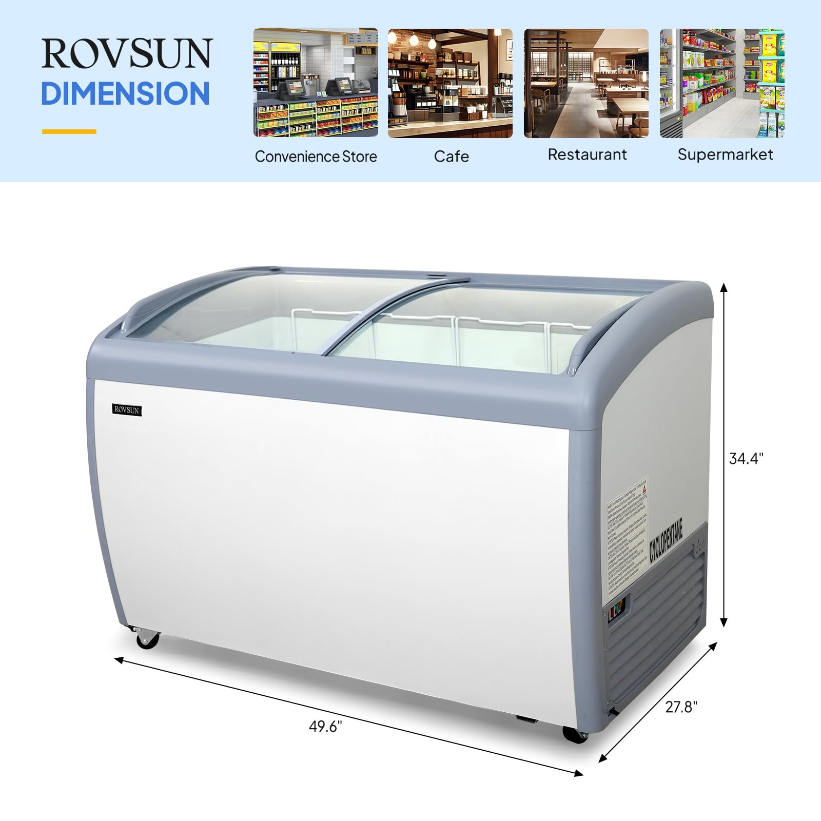 ROVSUN 12.7 Cu.Ft Commercial Ice Cream Freezer ETL NSF Certified, 50" Ice Cream Display Case Glass Top Chest Freezer w/LED Light 4 Removable Baskets Lockable Wheels Sliding Door for Store Supermaket