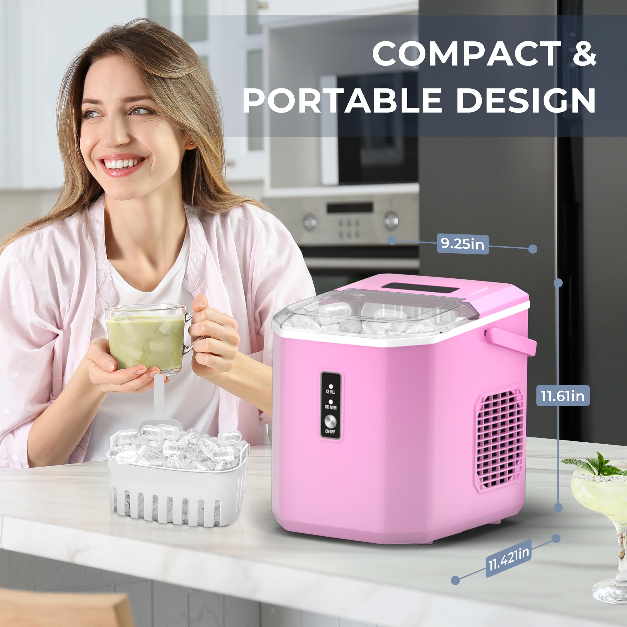 EUHOMY Ice Makers Countertop - 9 Cubes in 6 Mins, 26lbs/Day, Portable Ice Maker with Carry Handle, Self-Cleaning Ice Maker with Ice Scoop & Basket, Compact Ice Maker for Home/Kitchen/Office/RV.(Pink)