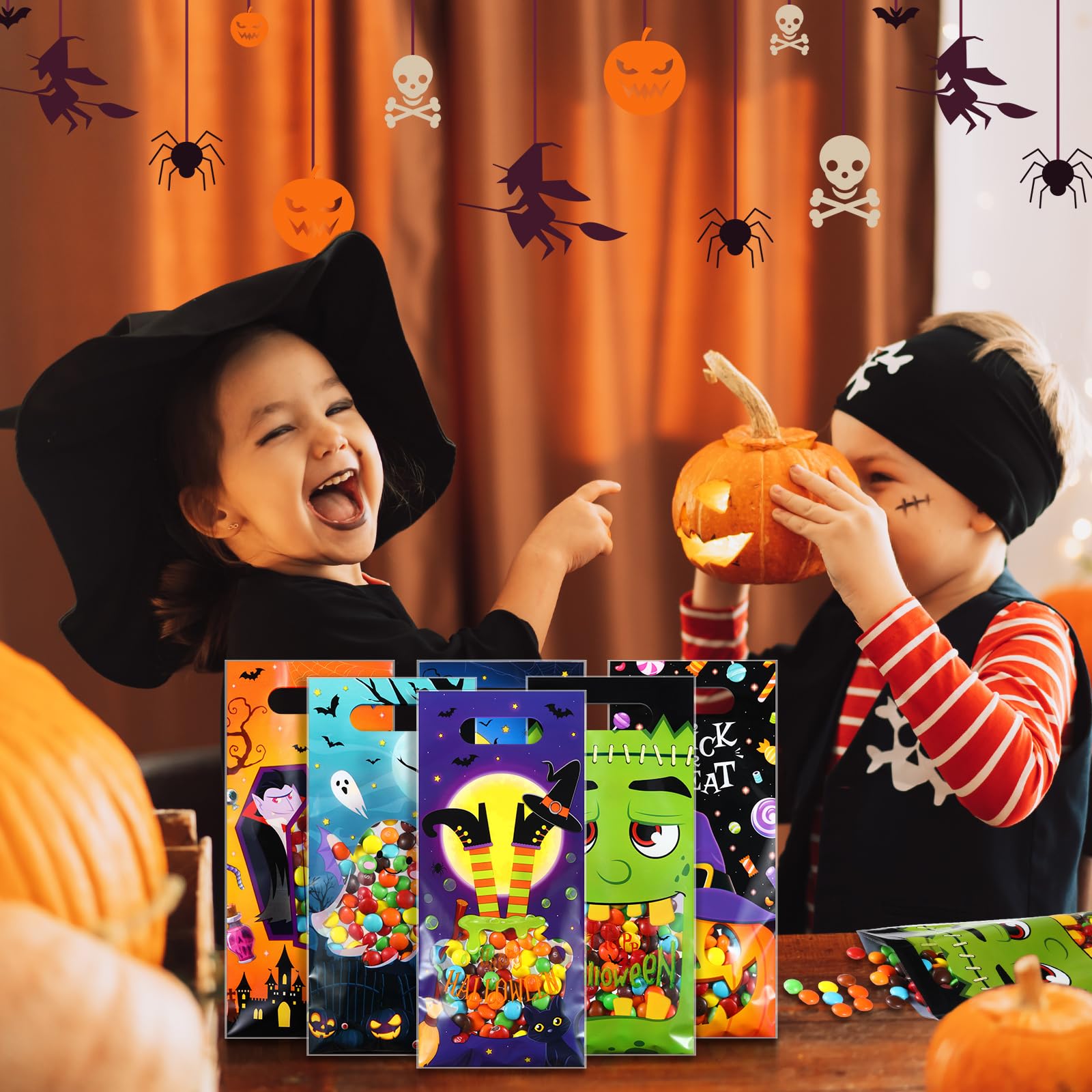 Pasimy 60 Pieces Halloween Treat Bags Plastic Halloween Candy Goodie Bags Bulk with Handle Witch Pumpkin Ghost Gift Bags for Halloween Trick or Treat Birthday Party Favor Supplies, 6 Design