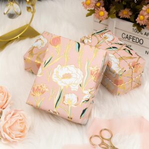 Merture Wedding Wrapping Paper Roll with Flower Patterns - 17 In X 32.8 Ft - 1 Roll (46.5 sqft.ttl.) Foil Floral Design Gift Wrap for Wedding, Valentines Day, Mothers Day, Birthday, Christmas, Pink