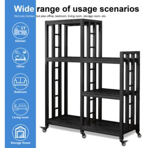 6-Tier Kitchen Bakers Rack, Multifunctional Storage Shelf, Mini Fridge & Microwave Oven Stand Table, Coffee Bar, Adjustable Kitchen Shelves Freestadning (Charcoal Black Wood Grain Print with wheels)