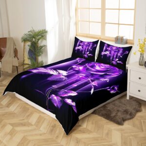 Feelyou Purple Rose Duvet Cover Twin Garden Flower for Kids Boys Girls Comforter Cover Ombre Striped Bedding Set Valentine's Day Bedspread Cover Lightweight Bed Set with 1 Pillow Case (No Comforter)