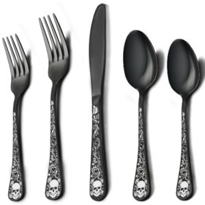 mujinon skull black silverware set for 4, 20-piece black flatware set, gothic skeleton cutlery for decoration, halloween, party, gift, housewarming