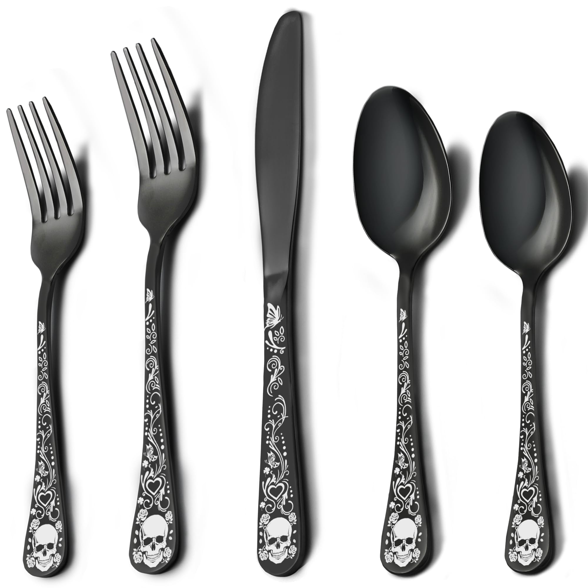 MUJINON Skull Black Silverware Set for 4, 20-Piece Black Flatware Set, Gothic Skeleton Cutlery for Decoration, Halloween, Party, Gift, Housewarming