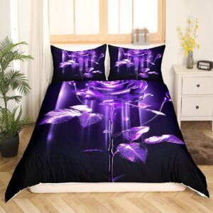 Feelyou Purple Rose Duvet Cover Twin Garden Flower for Kids Boys Girls Comforter Cover Ombre Striped Bedding Set Valentine's Day Bedspread Cover Lightweight Bed Set with 1 Pillow Case (No Comforter)