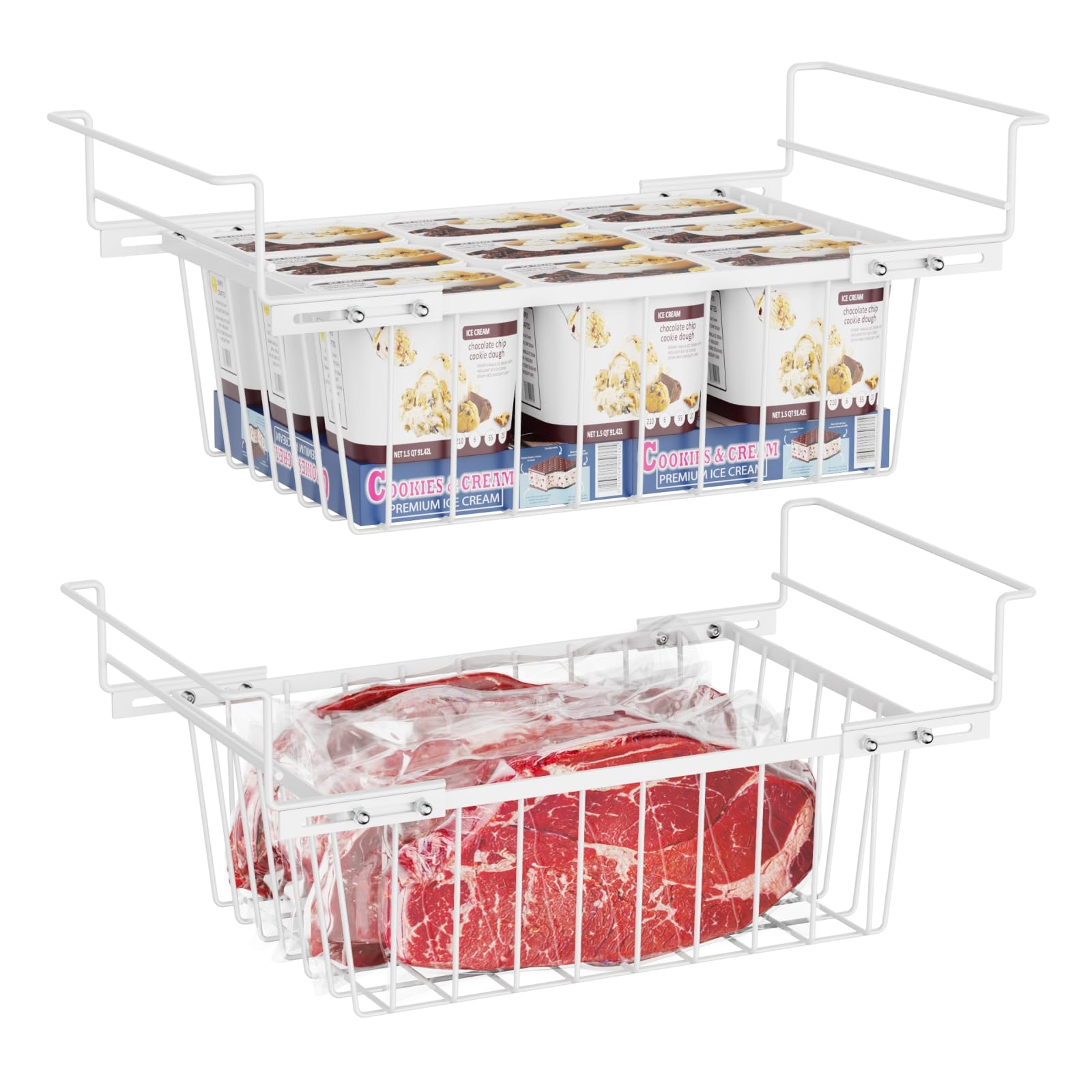 iSPECLE Chest Freezer Organizer - Fit 5 Cu.Ft Deep Freezer, 2 Pack Hanging Organizer Bins with Adjustable Handles, Sort Small Frozen Food, Sturdy Freezer Baskets Easy Slide to Get Bottom Food, White