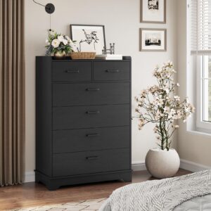 DICTAC Black Drawers Dresser for Bedroom, Modern Chest of 6 Drawers with Classified Storage, Wooden Bedroom Drawer Chest, Vertical Storage Organizer Tower, Tall Black Dresser for Closet, Hallway