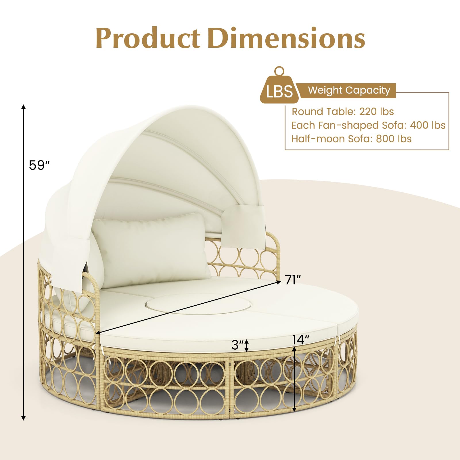 Tangkula Outdoor Patio Round Daybed with Retractable Canopy, Patiojoy PE Rattan Wicker Sectional Seating Furniture with Soft Cushions, for Patio, Garden, Backyard and Poolside (Off White)