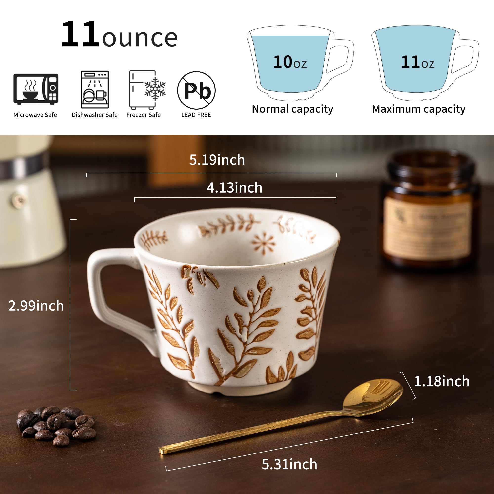 Noevany Ceramic Mugs 11 oz Unique Luxurious Cups Set of 4 with Premium Spoon, Mug for Coffee Milk Latte Cappuccino Tea, for Office and Home Dishwasher Microwave Freezer Safe Stoneware Mixed