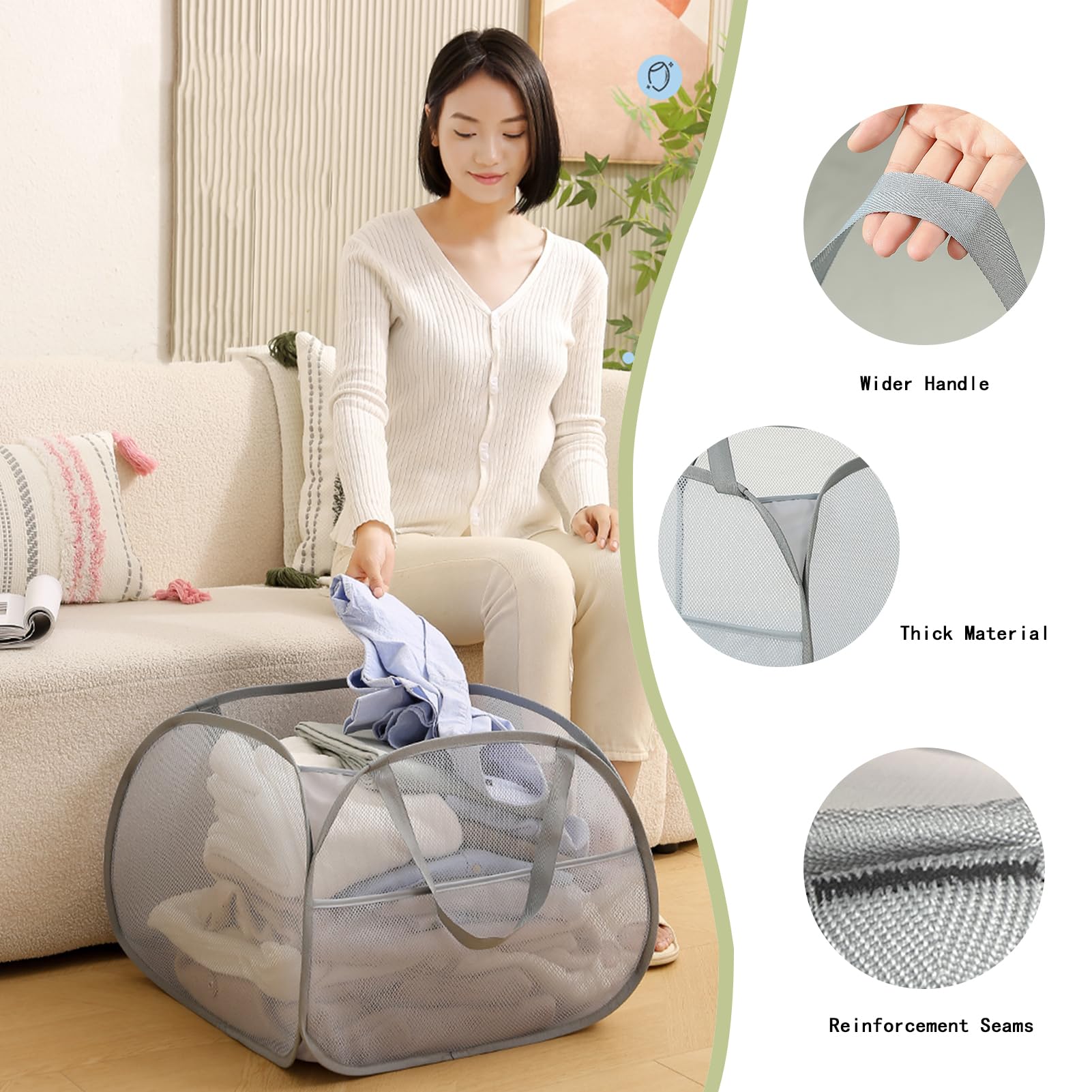 Pop Up Laundry Hamper 2Packs 90L Large Capacity Foldable Laundry Basket Mesh Collapsible Hamper with Reinforced Carry Handles for Laundry Room, Bathroom, Kids Room, College Dorm