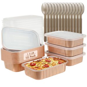 lnyzqus 7” x 5” small aluminum pans with lids 10 pack, 1.5lb/25oz heavy duty foil baking tins to go containers,individual leftover containers baked food holders box for oven grill-champagne