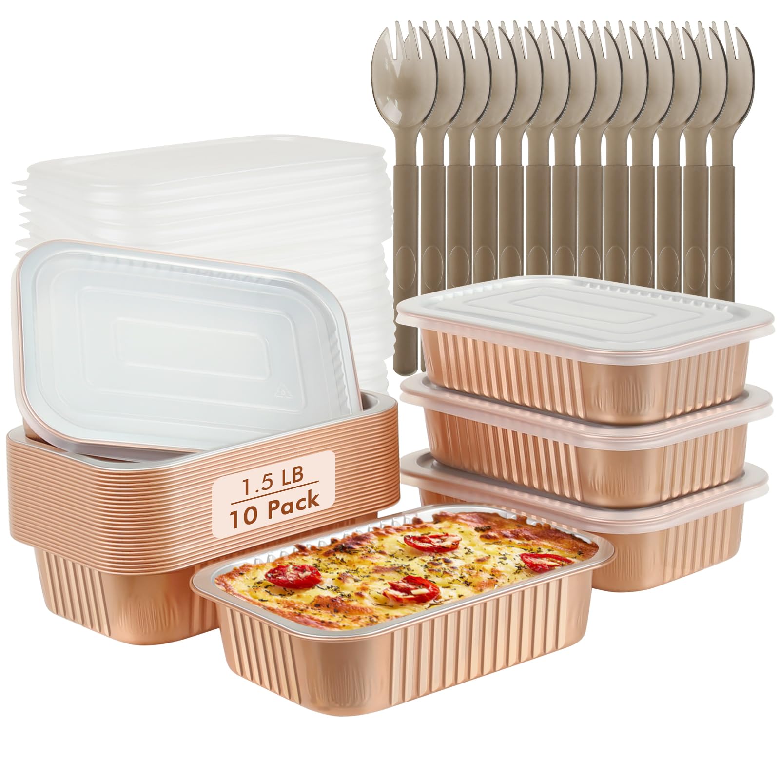 LNYZQUS 7” x 5” Small Aluminum Pans with Lids 10 Pack, 1.5lb/25oz Heavy Duty Foil Baking Tins To Go Containers,Individual Leftover Containers Baked Food Holders Box for Oven Grill-Champagne