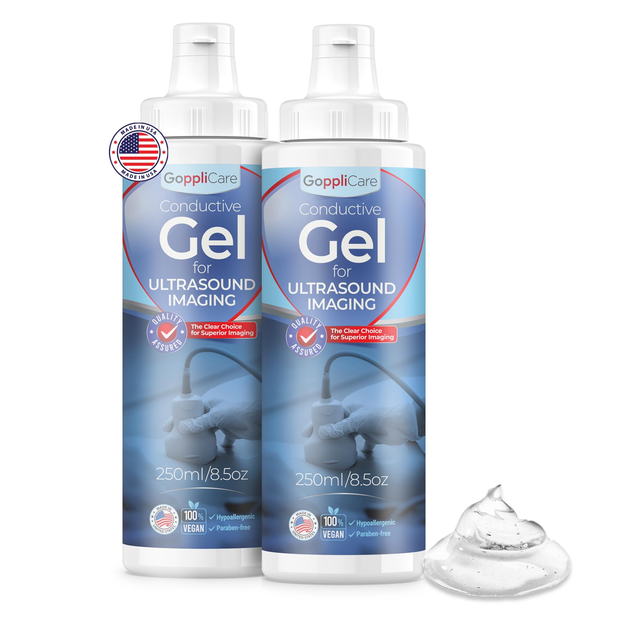 Goppli Medical Imaging & Therapy Ultrasound Gel - 2 Pack, 8.45 fl oz (250mL) Each - Non-Greasy, Unscented, Hypoallergenic - Ideal for TENS Units & Baby Dopplers - Medical Grade Quality, Made in USA