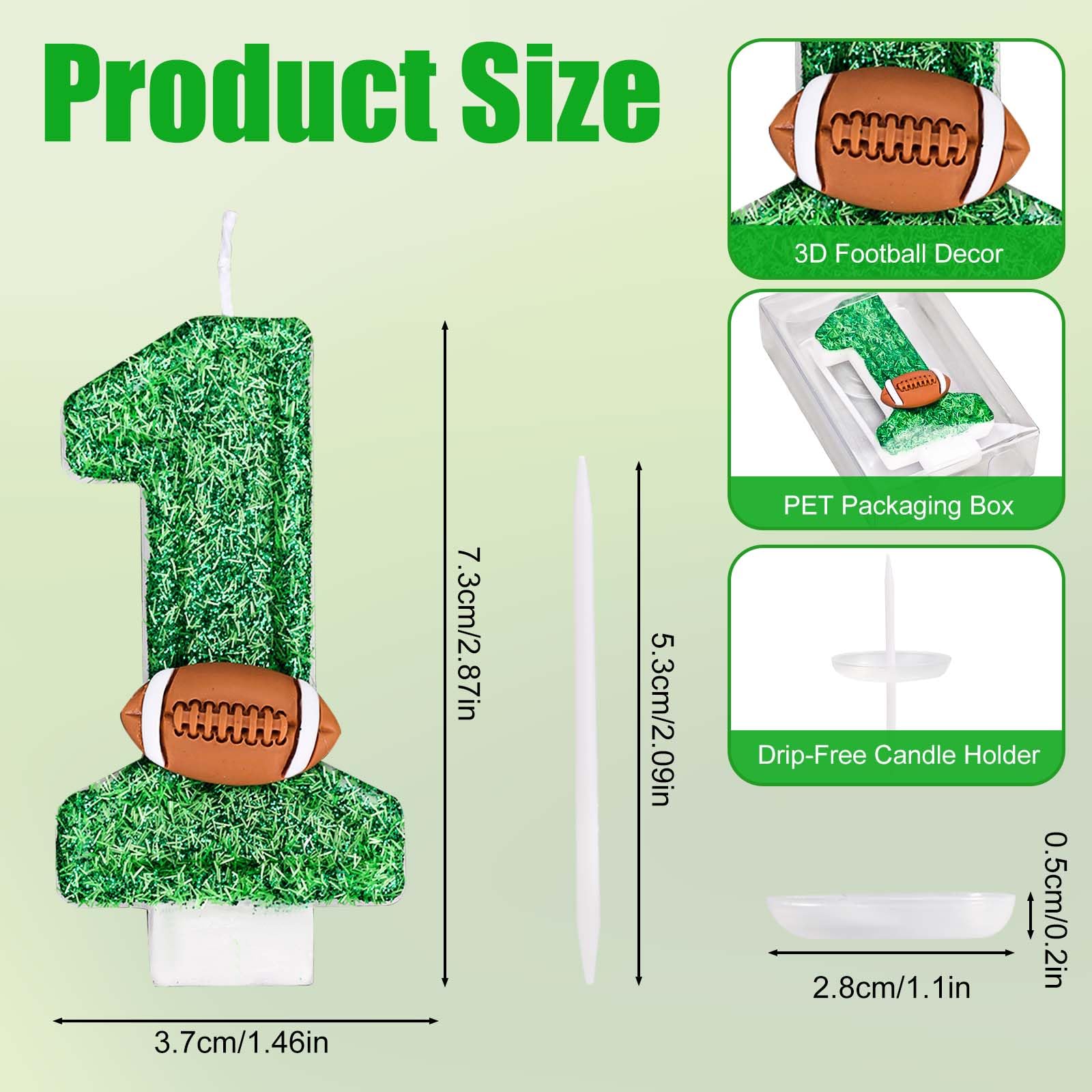 Football Number Candles, Green Birthday Candles with Football Ornament Artificial Turf Cake Topper for Boys Girls Anniversary Party Decoration Celebrations (Number 1)