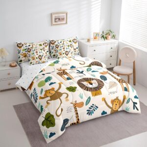 Feelyou Safari Animals 7 Piece Bedding Set Twin, Cartoon Lion Giraffe Comforter Set with Sheets Cute Monkey Bed in a Bag for Kids Nature Wildlife Bed Set