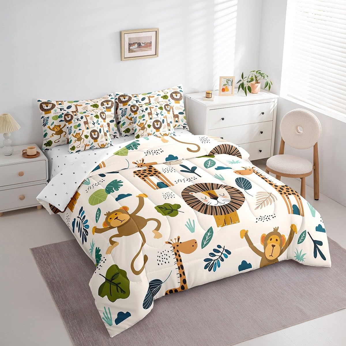 Feelyou Safari Animals 7 Piece Bedding Set Twin, Cartoon Lion Giraffe Comforter Set with Sheets Cute Monkey Bed in a Bag for Kids Nature Wildlife Bed Set