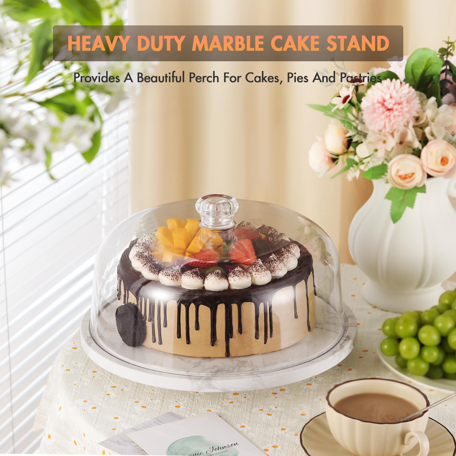 CherHome Marble Cake Stand，Rotating Cake Stand With Dome，Marble Cake Stand with Acrylic Lid Cover，Turnable Cake Display Stand Revolving Cake Plate Cake Holder Spinning Cake Platter with Cover