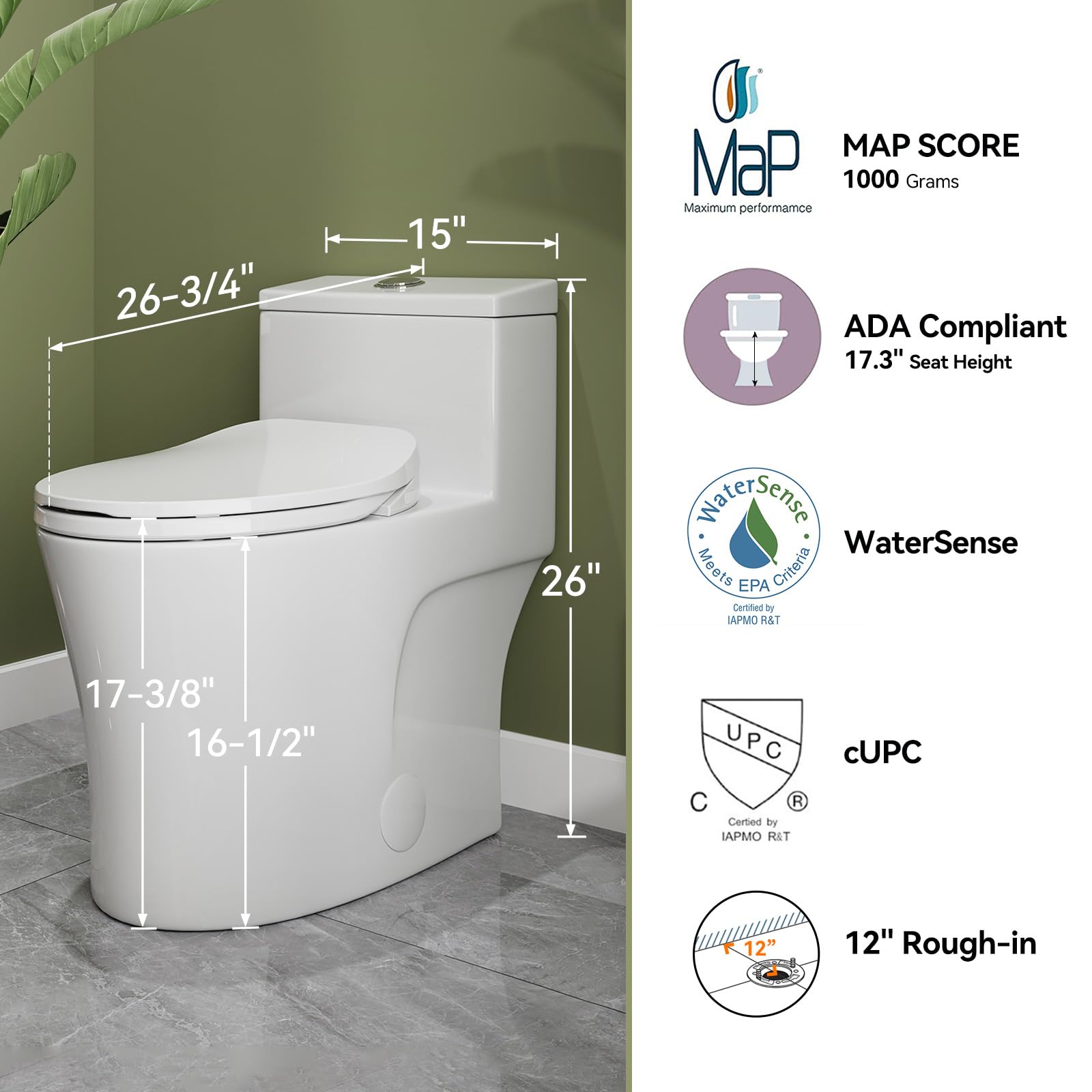 HOROW T0338W One Piece Toilet with Non-Electric Bidet Toilet Seat, Elongated ADA Chair Height Toilets with Adjustable Nozzles Seat, Powerful Dual Flush & Soft Closing Seat Include, MAP 1000g, White