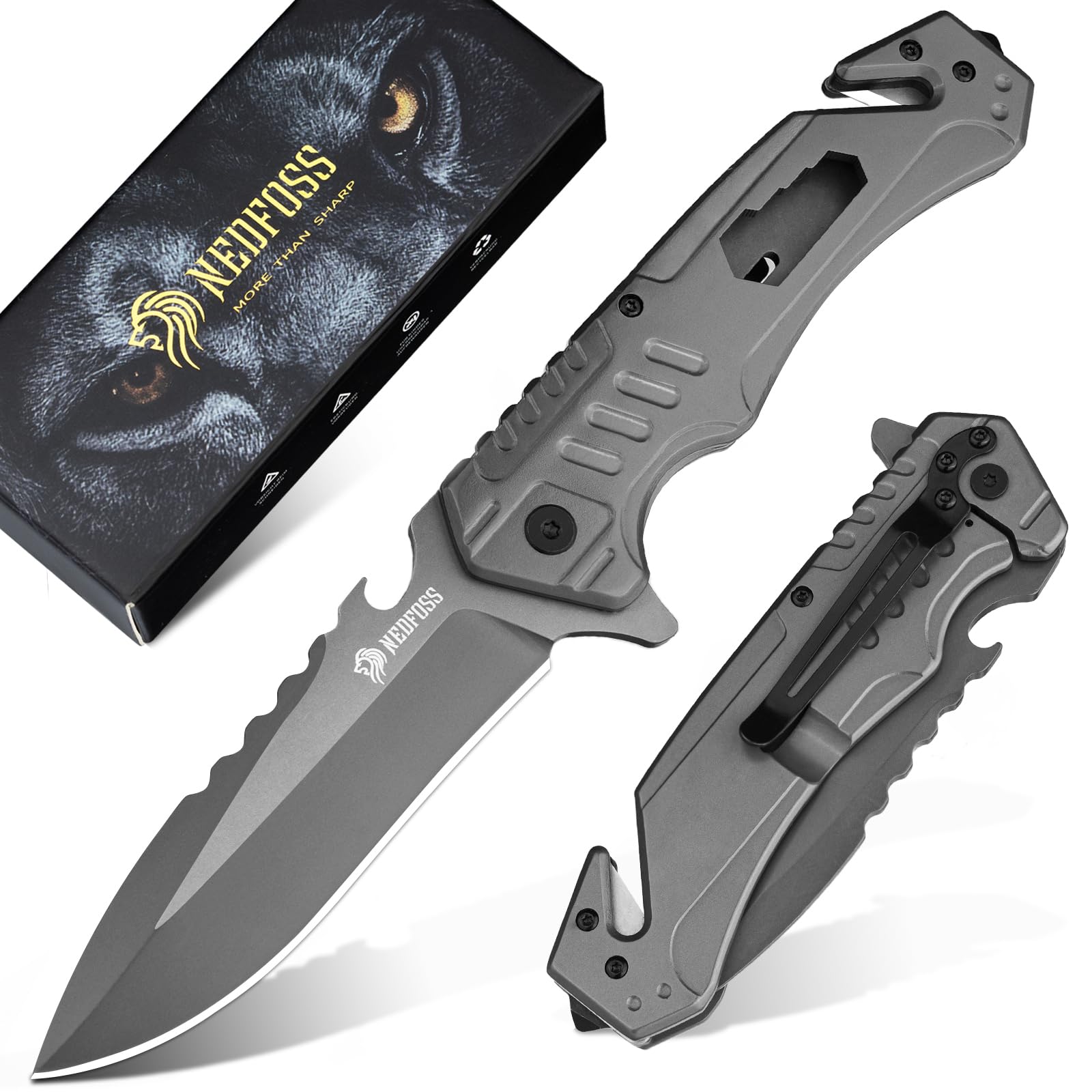 NedFoss T39 Pocket Knife for Men, 3.7" D2 Steel Blade, Frame Lock, 6 in 1 Folding Tactical Knife with Bottle Opener, Glass Breaker, Seatbelt Cutter and Wrench, Belt Clip for Work, Rescue