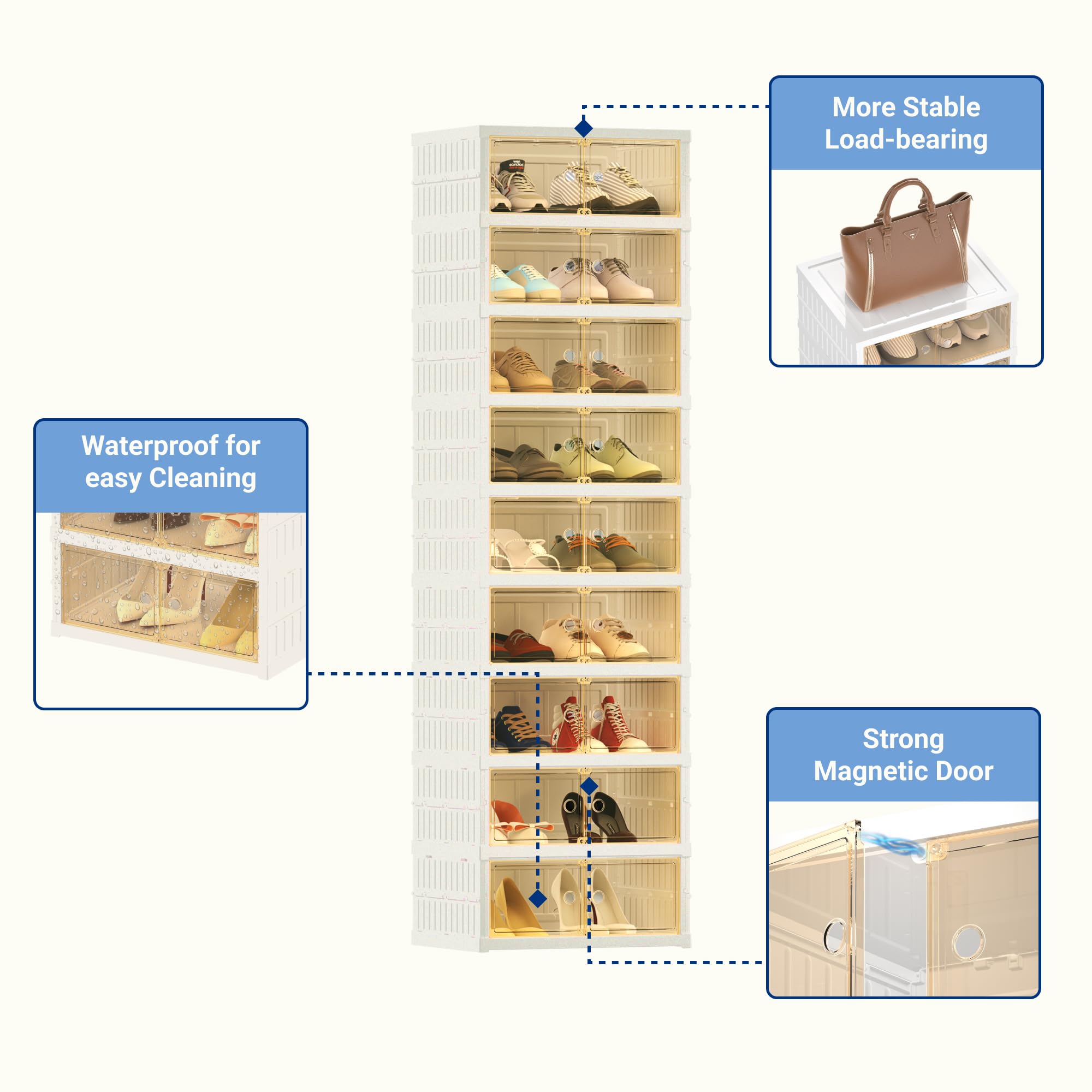 FLEXIMOUNTS Shoe Rack Organizer Storage Box 9 Tiers-18 Pairs, Portable Folding Shoe Rack for Closet Entryway, Collapsible Shoe Cabinet with Magnetic Clear Door for Front Door Entrance