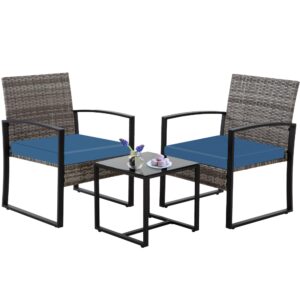 3 piece outdoor patio bistro set, wicker table and chairs set of 2, all-weather rattan balcony furniture set for front porch apartment, grey/blue