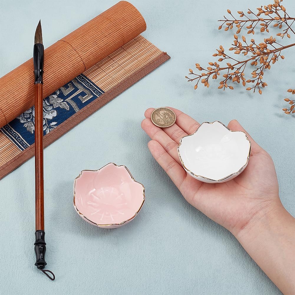 PH PandaHall 2PCS Flower Ceramic Ink Plate, Paint Pallets Multifunctional Bowl Porcelain Ink Dish Chinese Brush Rests Brush Stands for Calligraphy Sumi-E Painting Japanese Prints, White Pink