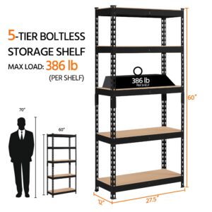 Yaheetech Storage Shelves 5 Tier Garage Shelving Heavy Duty Garage Shelves Adjustable Metal Shelving Unit Utility Rack Industrial Shelving for Warehouse Pantry Closet, 27.5"W x 12"D x 60"H, Black