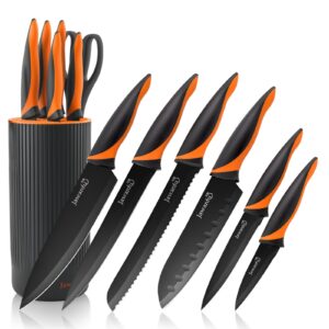 jawanfu professional kitchen knife set, 8-piece, super sharp, anti-rust stainless steel, ergonomic design, with universal knife block (black blade, black block)